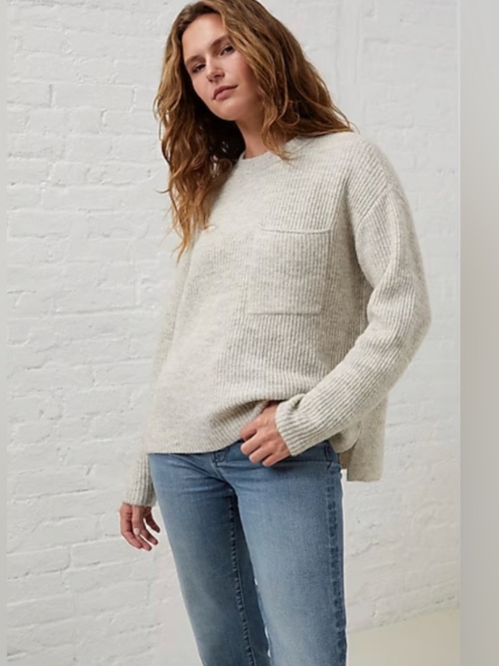 UpWest Knit Comfy Crewneck Size Large Cream/Grey Pocket Sweater